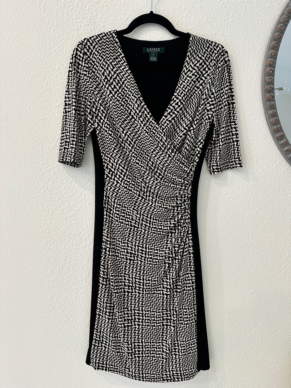 Ralph Lauren Black & White Faux-Wrap Midi Dress